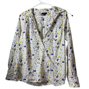 Printed V-Neck Long Sleeve Blouse - White Multi